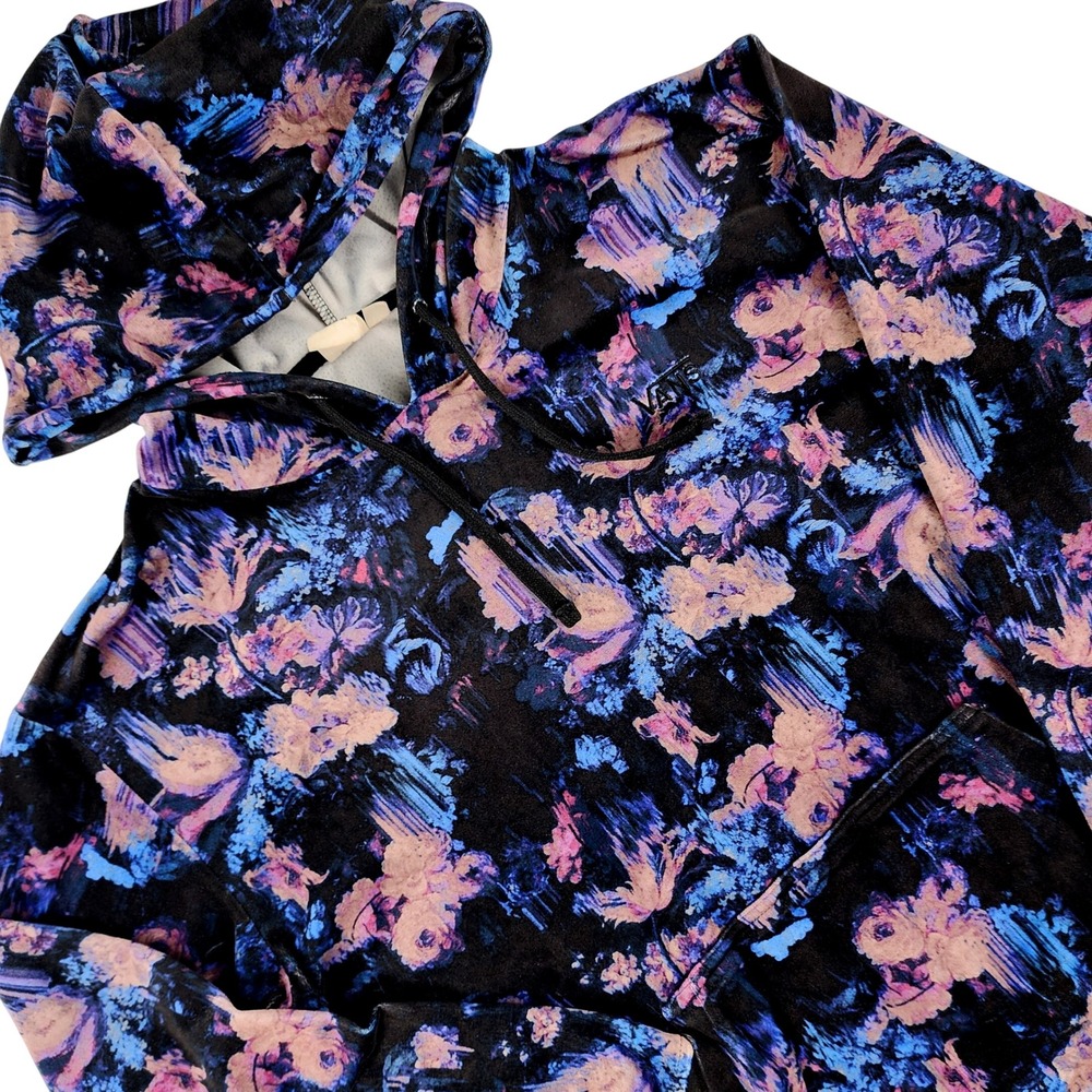 Vans Hoodie Women Small Black Blue Floral Velvet Pullover Streetwear Polyester